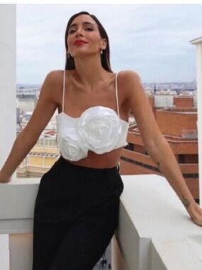 Zara White Satin Rose Appliqué Crop Bralette